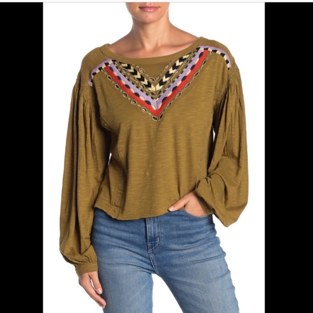 Free People Embroidered long sleeve scoop neck Top